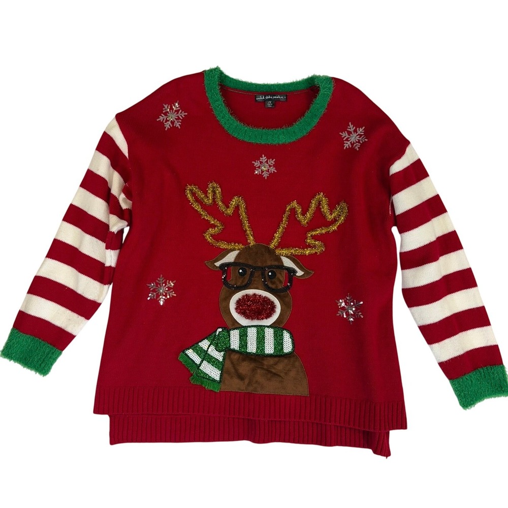 Ugly Christmas sweater 1x Women's Xmas Sweater Reindeer Red Holiday Sweater EUC